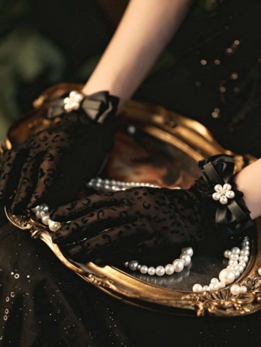 NEW! Elegant Sheer Black Leopard Print Gloves with Bow and Pearl Accent OS